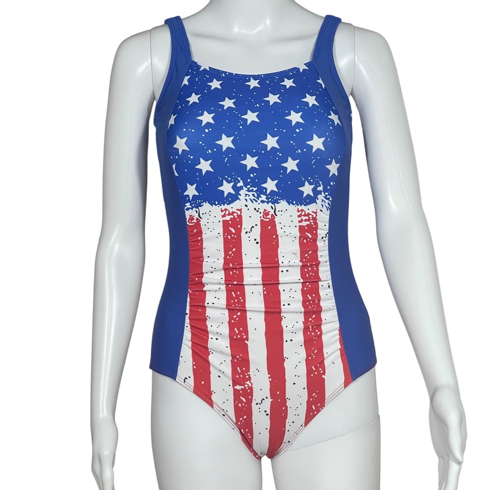 Patriotic American Flag One Piece Swimsuit Stars and Stripes Ruched Blue Red